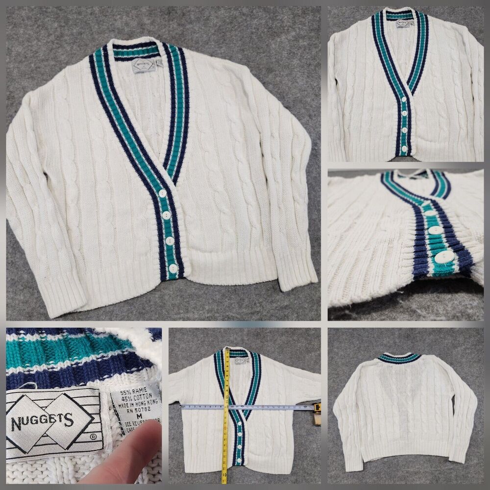 VTG Nuggets Womens M Medium Varsity Preppy V Neck Cableknit Cardigan Sweater‎